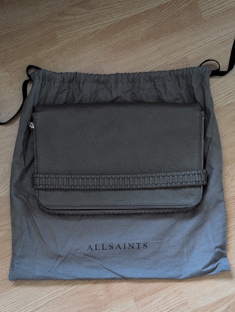 NWOT All Saints Gray Pebbled Leather Club Large Clutch With Strap